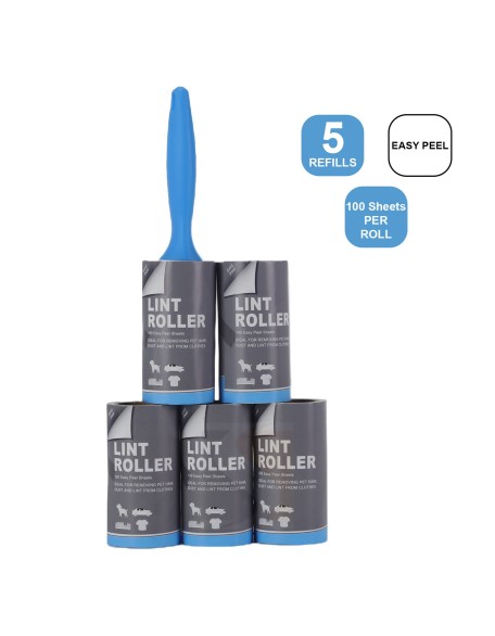 Lint Roller 5 Rollers with Handle 100 Sheets Per Roll